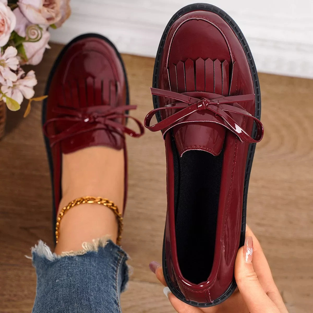 Round Toe Slip-Ons in Red