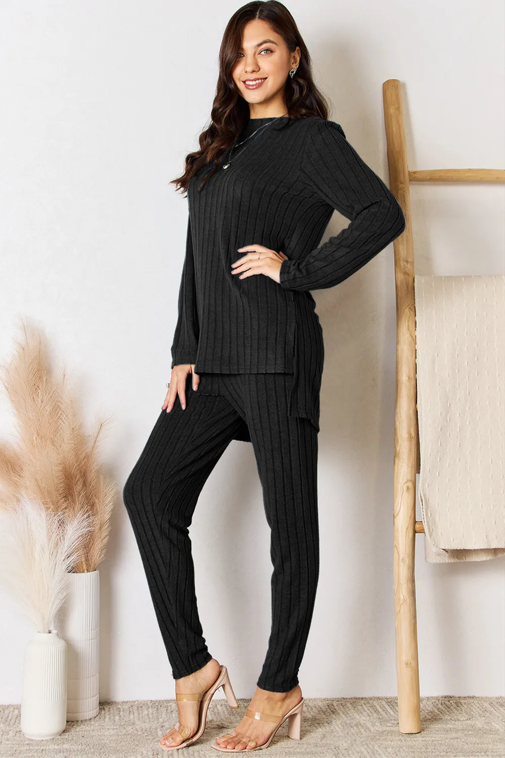 Basic Bae Full Size Ribbed Round Neck High-Low Slit Top and Pants Set - Lilixa.store
