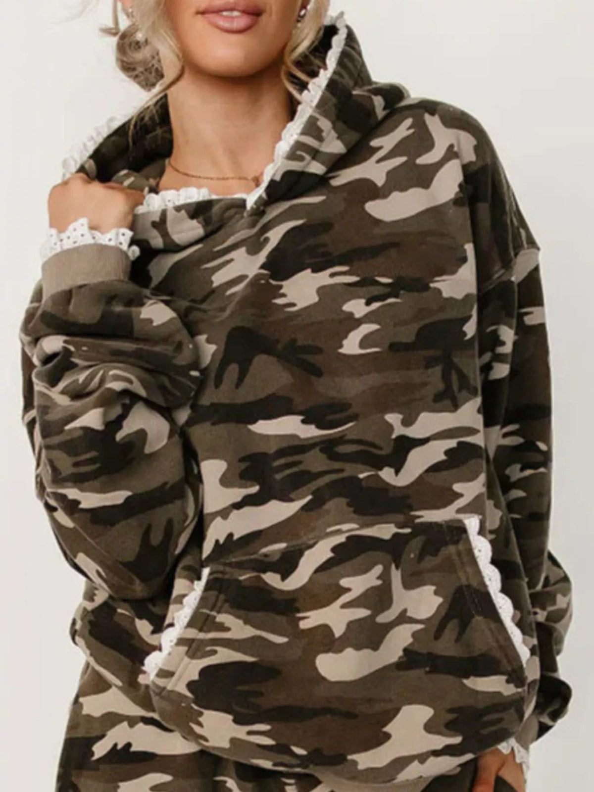 Lace Trim Kangaroo Pocket Hoodie - Lilixa.store