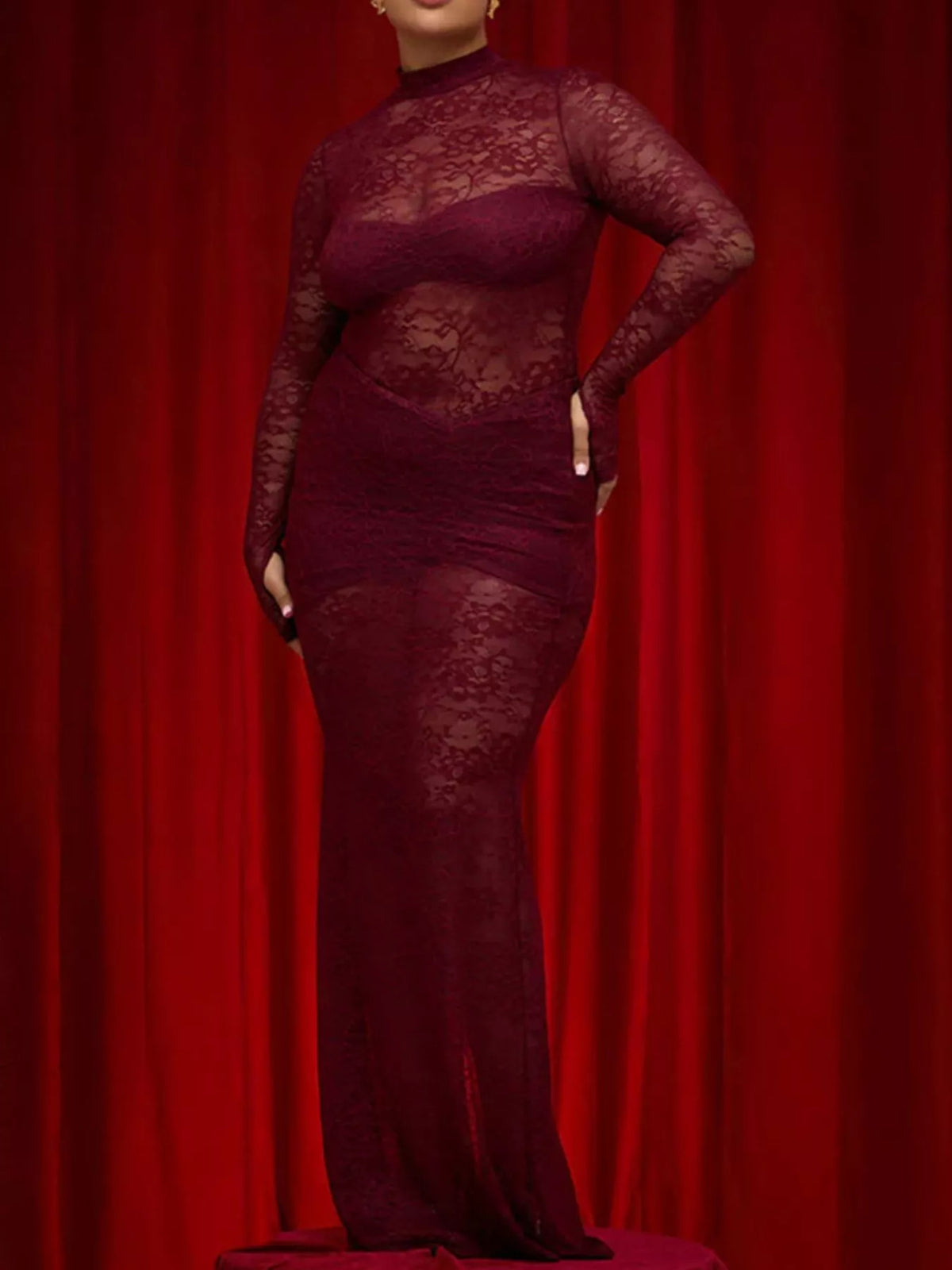 Lace Sheer Mock Neck Long Sleeve Maxi Dress - Lilixa.store