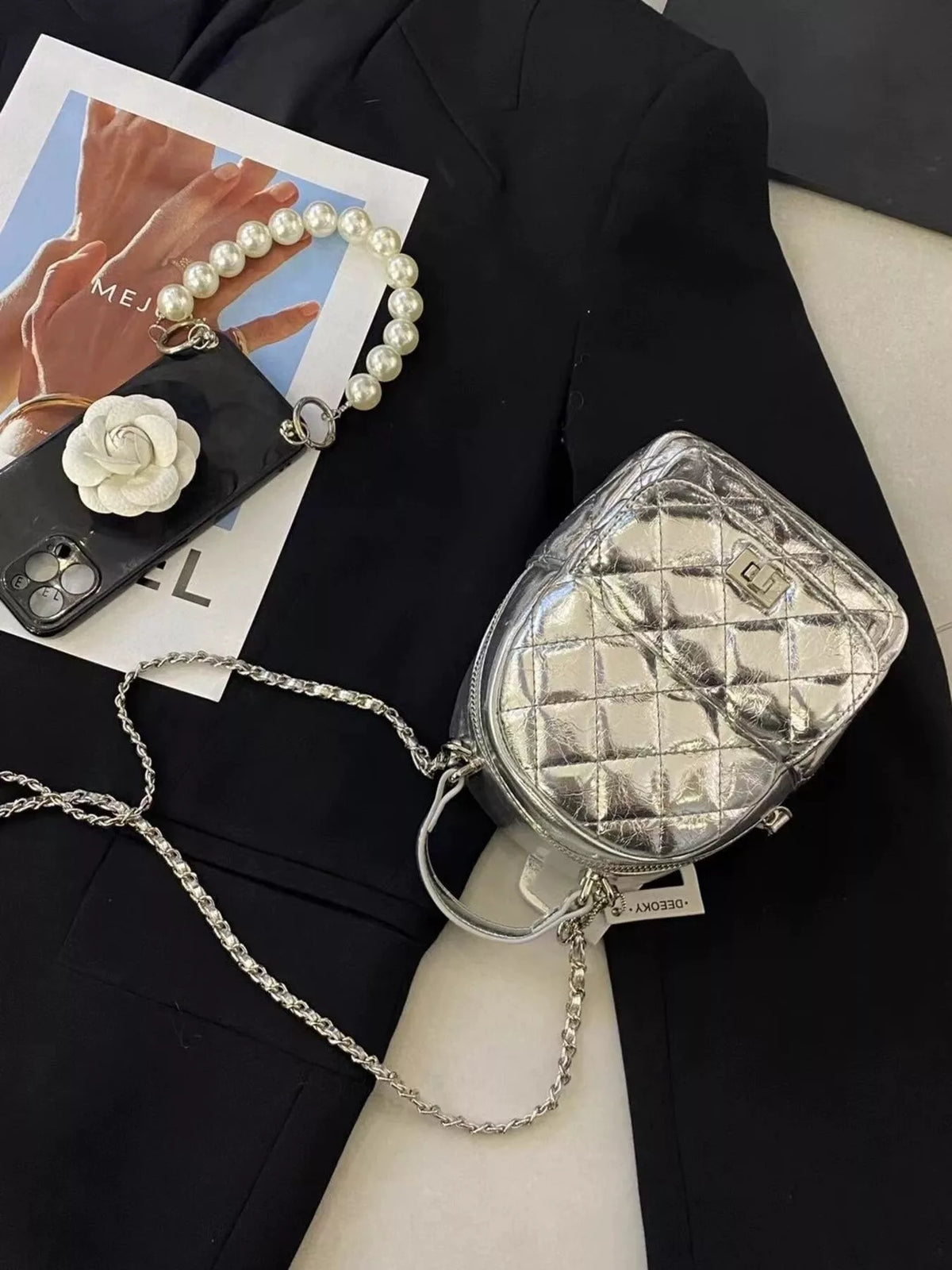 Quilted Metallic and Patent Mini Backpack Bag with Chain Strap, view 5