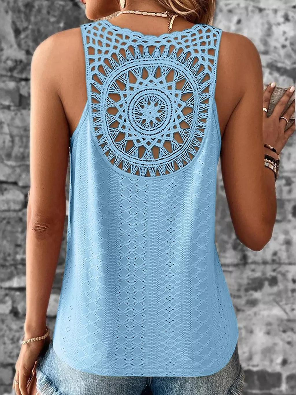 Eyelet Lace Trim V-Neck Tank Top - Lilixa.store