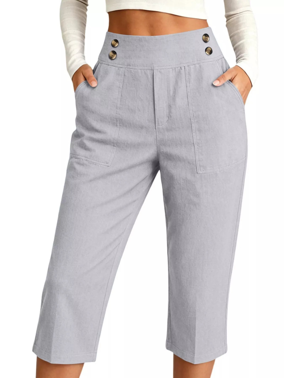 Full Size High-Waisted Button-Detail Cropped Pants Plus Size in Light Gray
