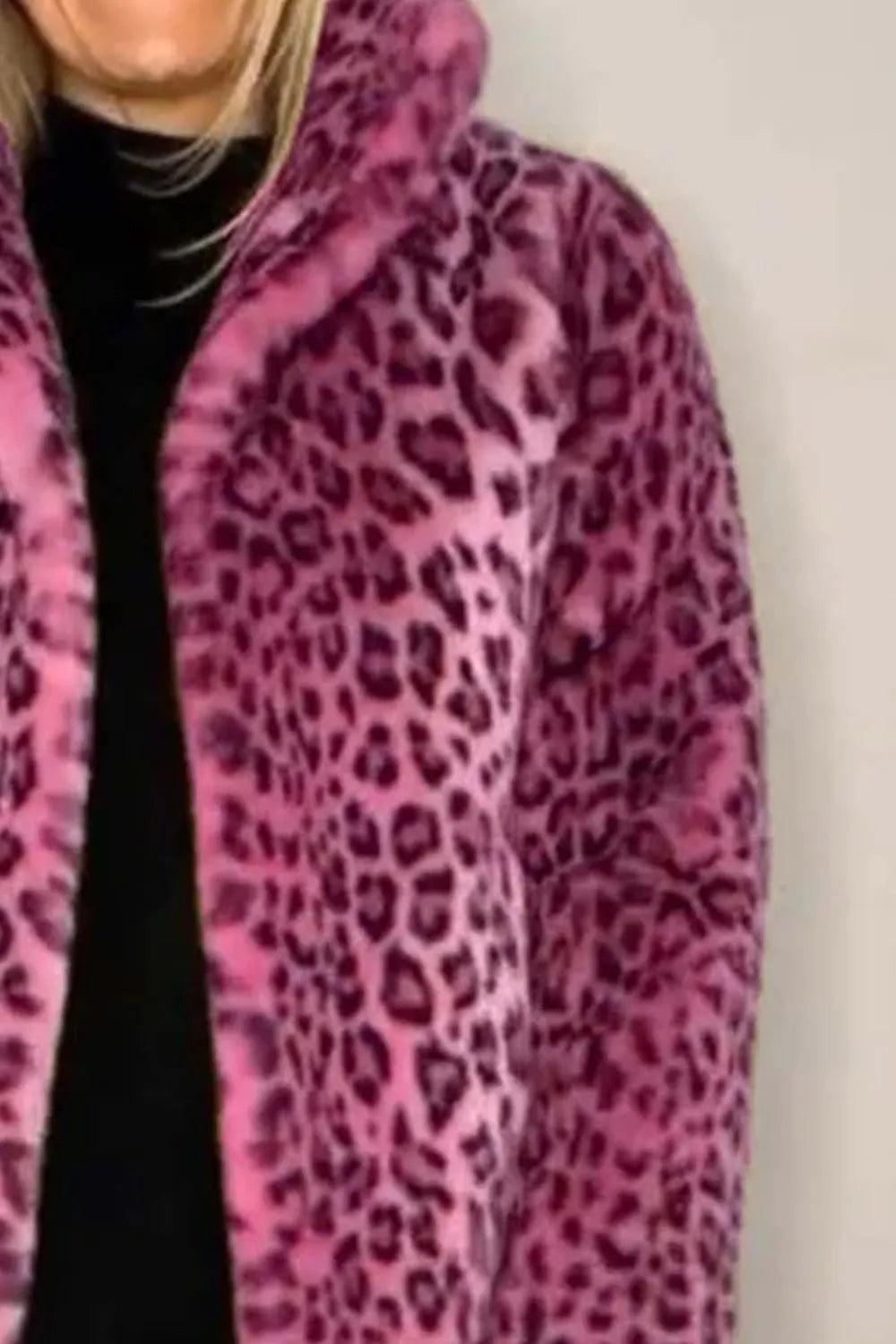 Full Size Leopard Furry Collared Neck Long Sleeve Coat, view 8