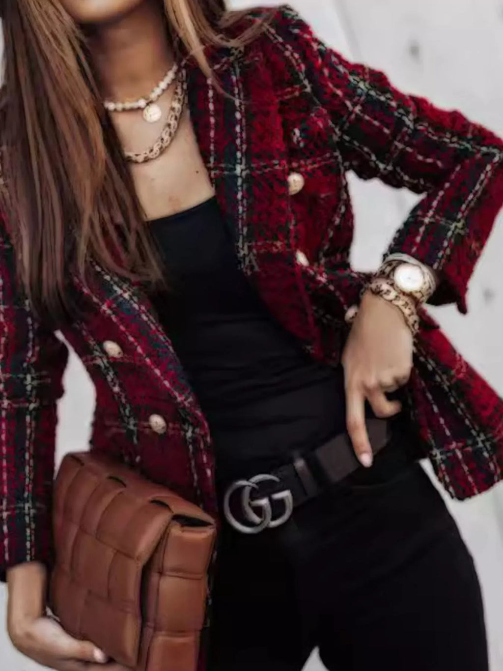 Full Size Plaid Tweed Double-Breasted Blazer Plus Size - Lilixa.store
