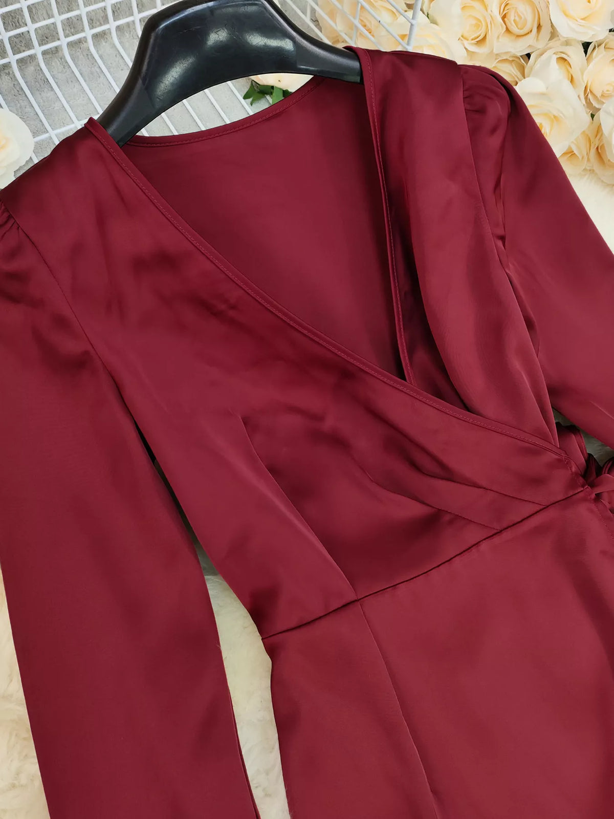 Surplice Satin Long Sleeve Dress - Lilixa.store