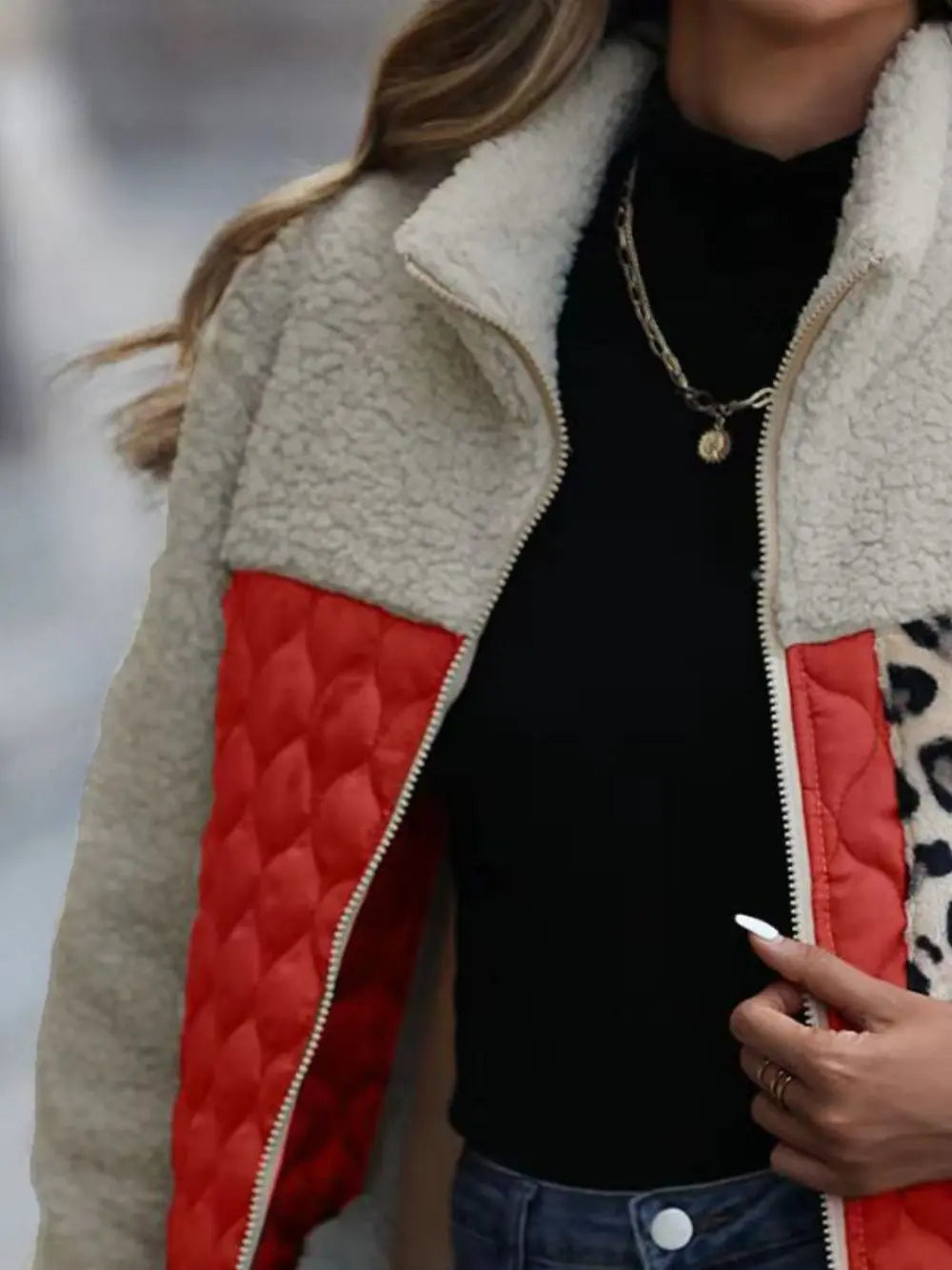 Leopard Color Block Zip-Up Jacket, view 13