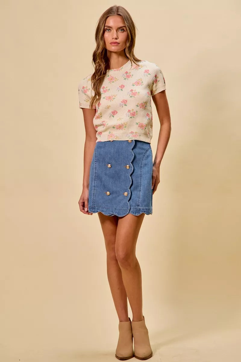 SO ME Denim Scalloped Buttoned Front Skirt, view 5