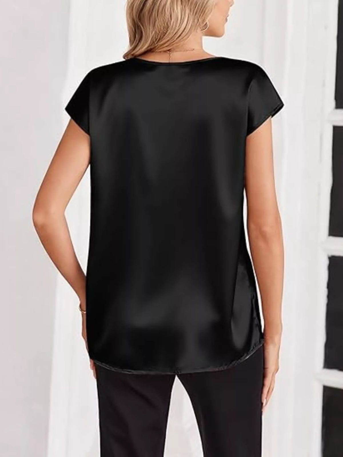 Satin V-Neck Short Sleeve Blouse - Lilixa.store