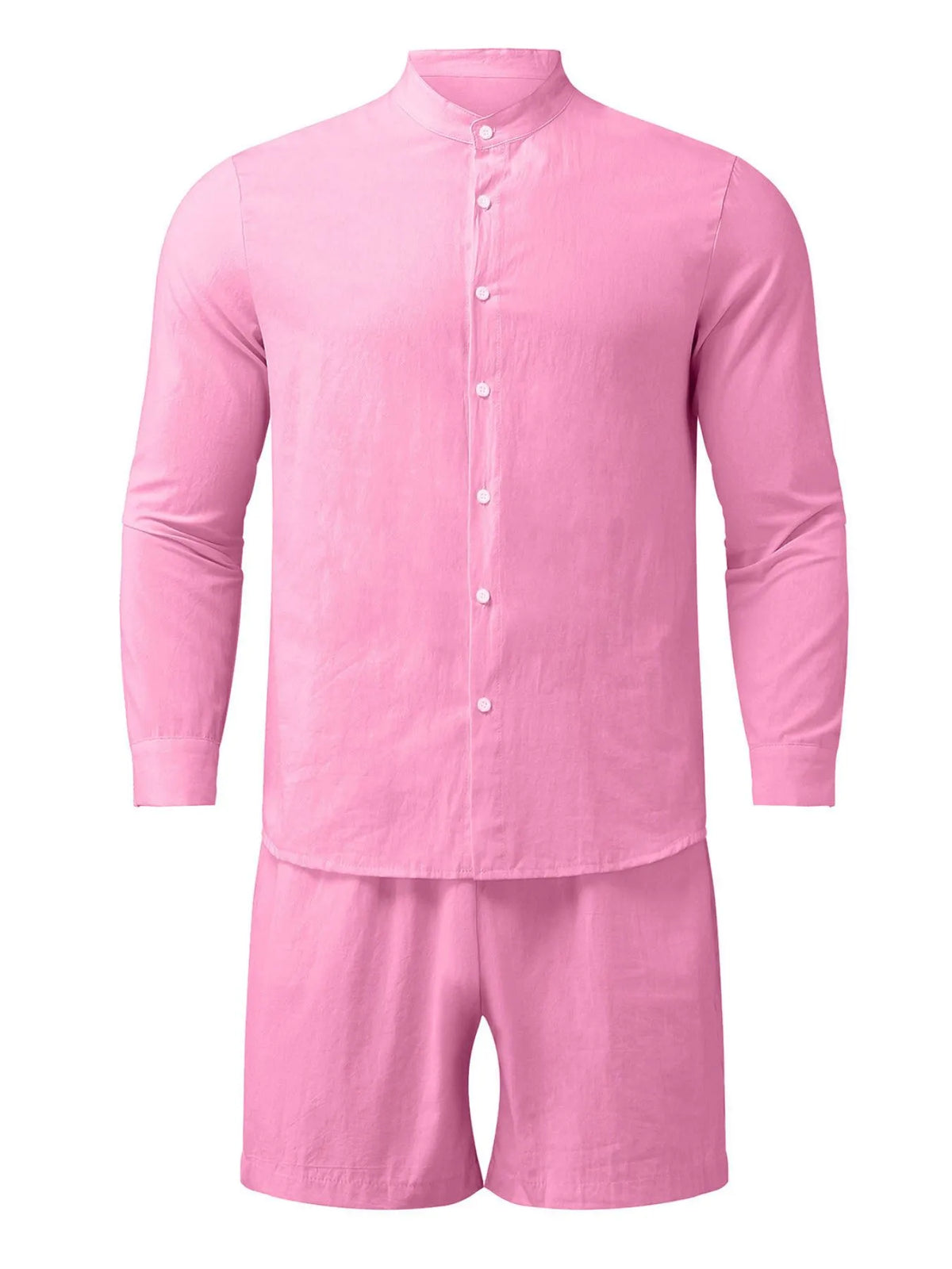 Men's Full Size Button Up Long Sleeve Shirt and Shorts Set Plus Size in Pink