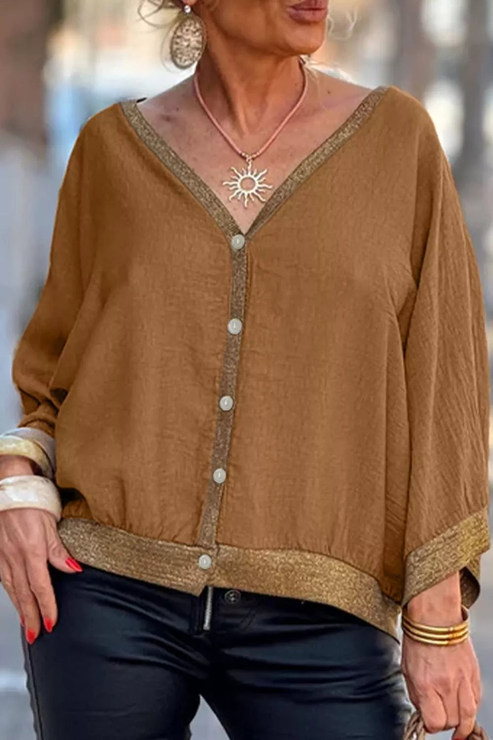 V-Neck Button Up Shirt in Caramel, view 4