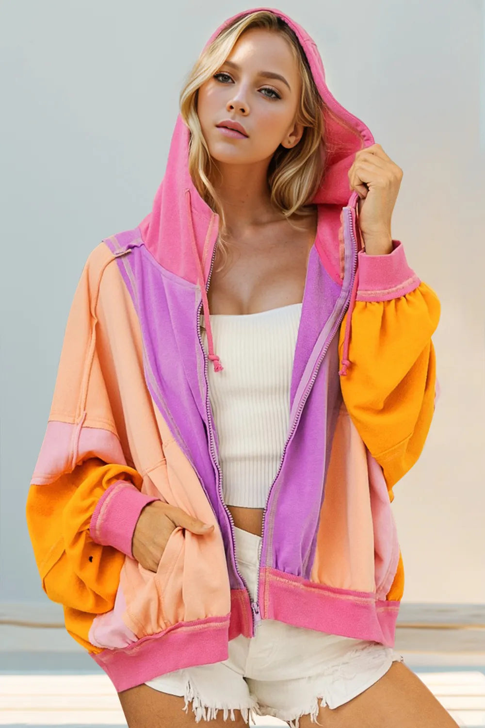Double Take Full Size Color Block Zip Up Hoodie in Heliotrope Purple