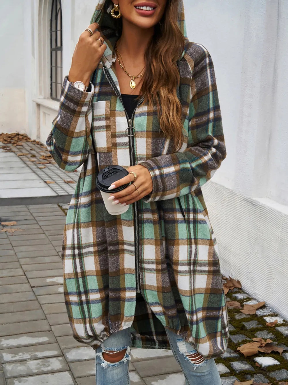 Devine Plaid Zip Up Hooded Coat - Lilixa.store