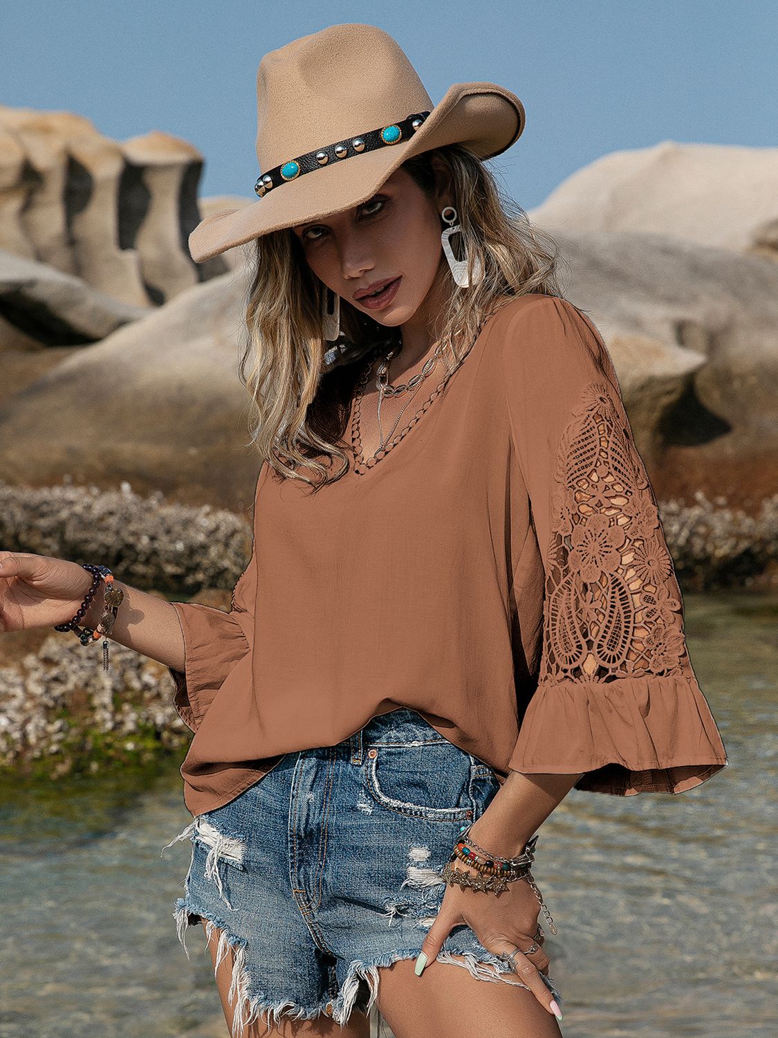 Openwork V-Neck Flounce Sleeve Blouse in Chestnut, view 4