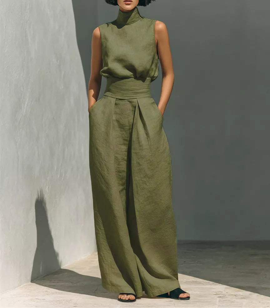 Full Size Turtleneck Sleeveless Top and Wide Leg Pants Set Plus Size - Lilixa.store