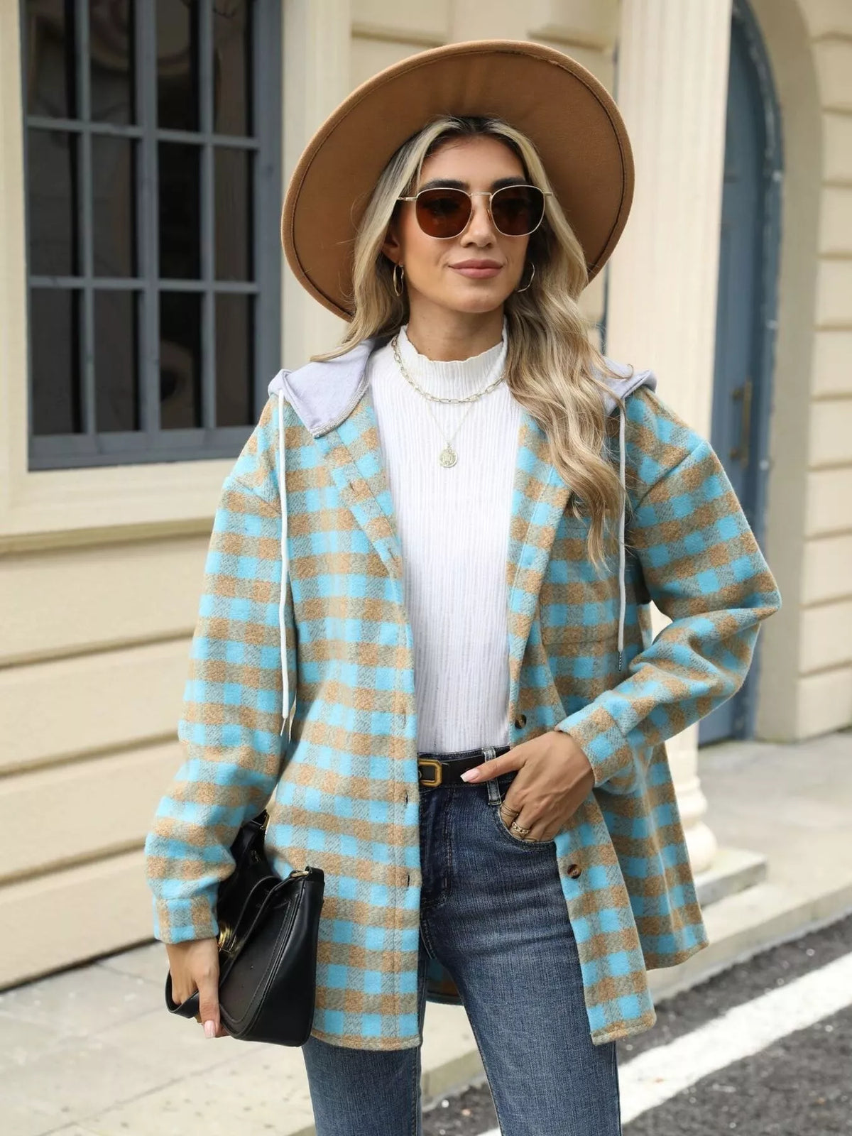 Plaid Button Up Long Sleeve Drawstring Hooded Jacket, view 10
