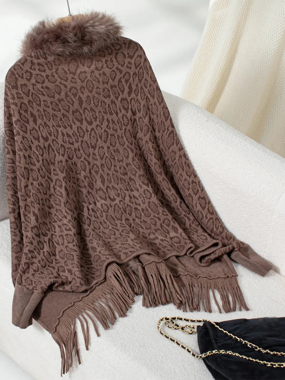 Fringe Leopard Open Front Long Sleeve Poncho, view 10