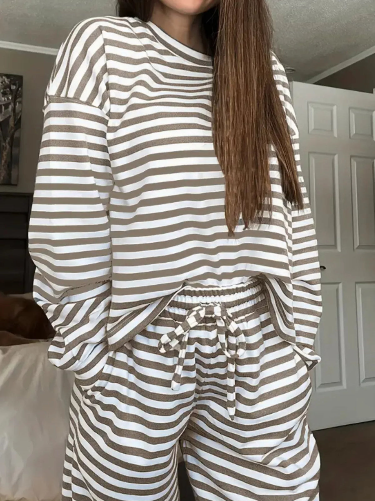 Striped Long Sleeve Top and Pants Set in Khaki