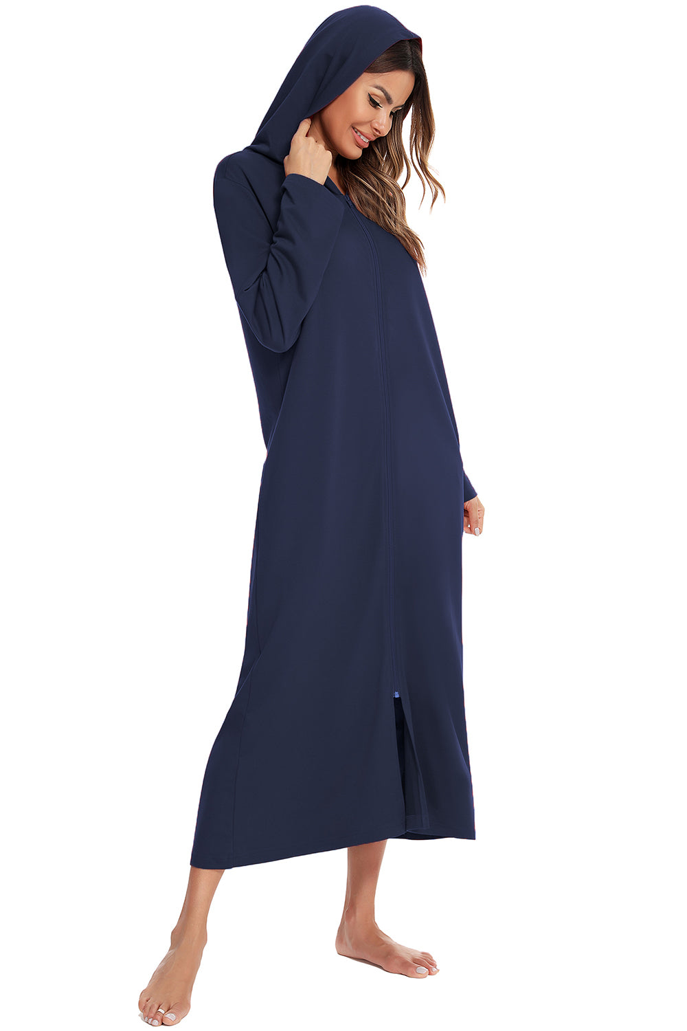 Zip Front Hooded Night Dress with Pockets - Lilixa.store