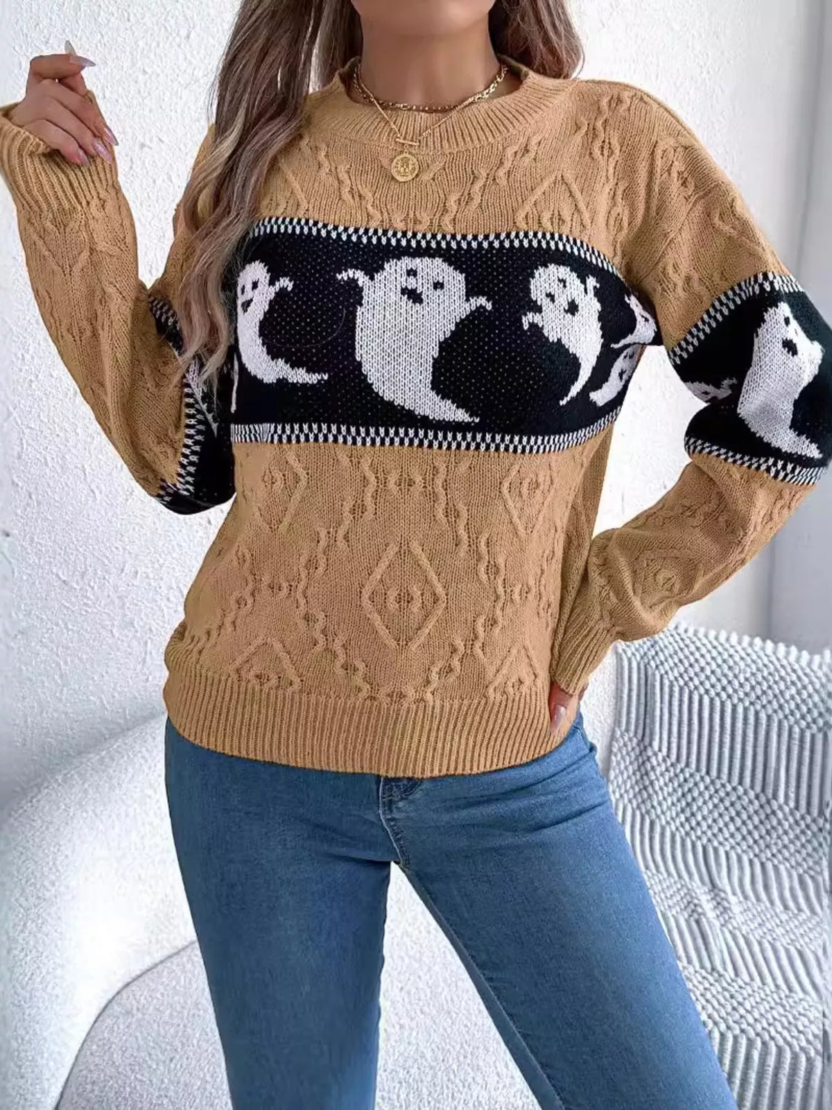 Halloween Ghost Pattern Textured Sweater