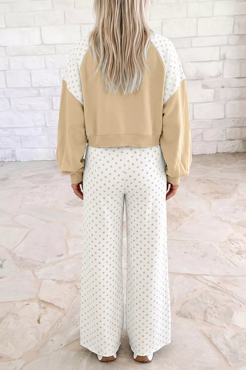 Polka Dot Patchwork Colorblock Long Sleeve Casual Two Piece Pants Set - Lilixa.store