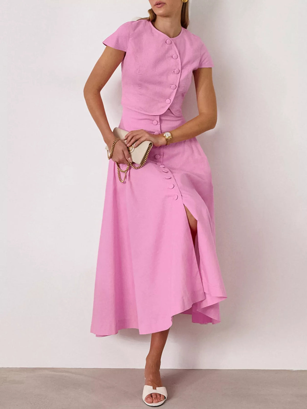 Cap Sleeve Button-Down Crop Top and Midi Skirt Set in Pink