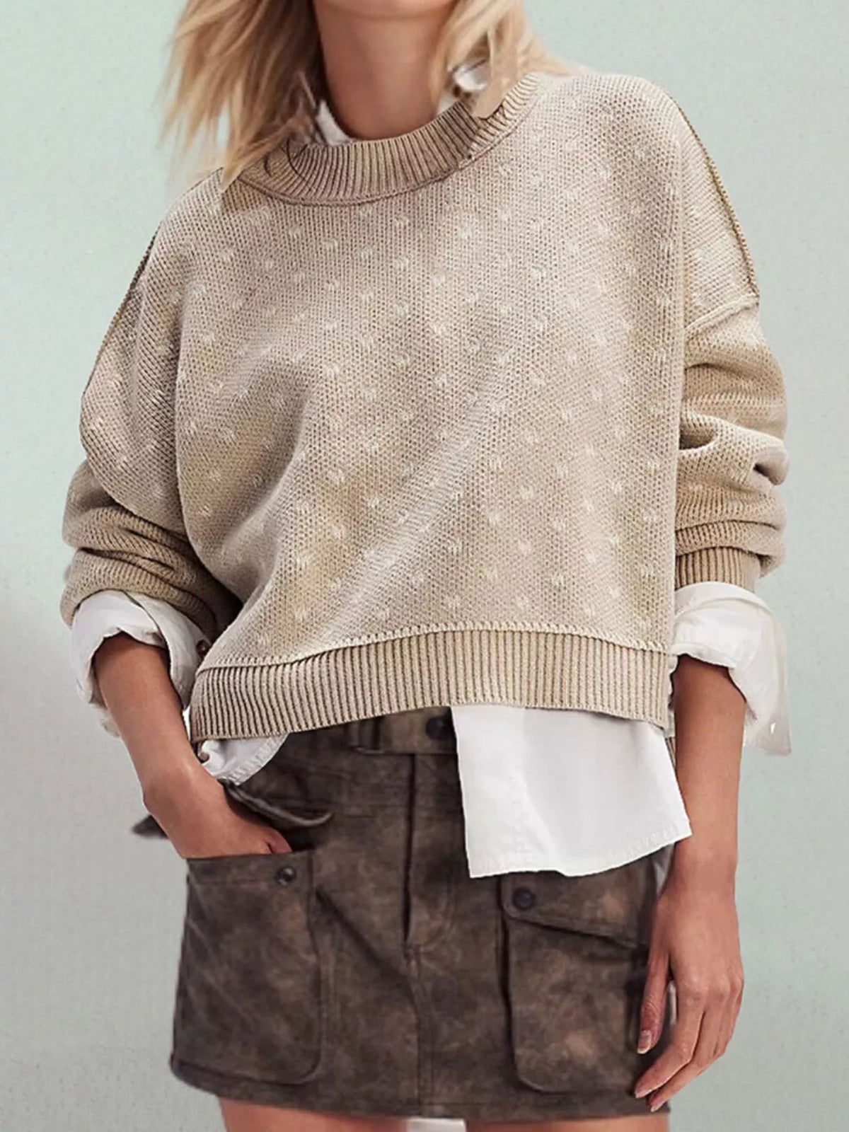Ribbed Trim Dropped Shoulder Sweater