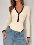 Ribbed V-Neck Long Sleeve Bodysuit with Contrast Trim - Lilixa.store