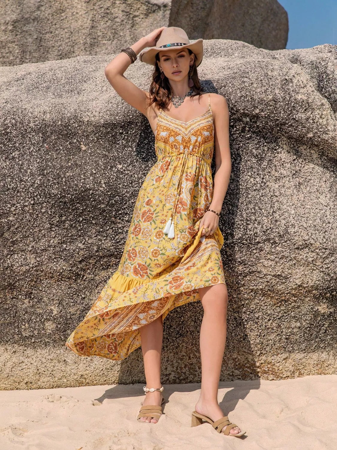 Tassel Printed Tiered Cami Dress in Gold, view 5
