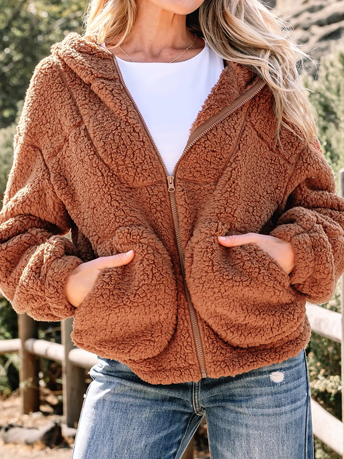 Zip Up Hooded Sherpa Jacket in Caramel
