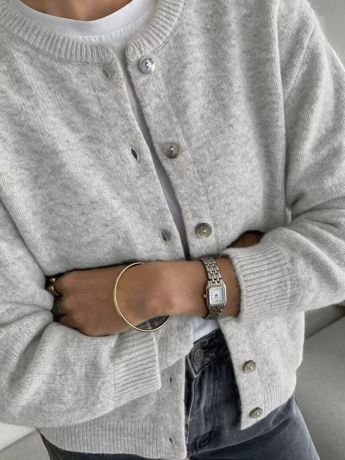 Crew Neck Button-Down Cardigan in Gray/white, view 2