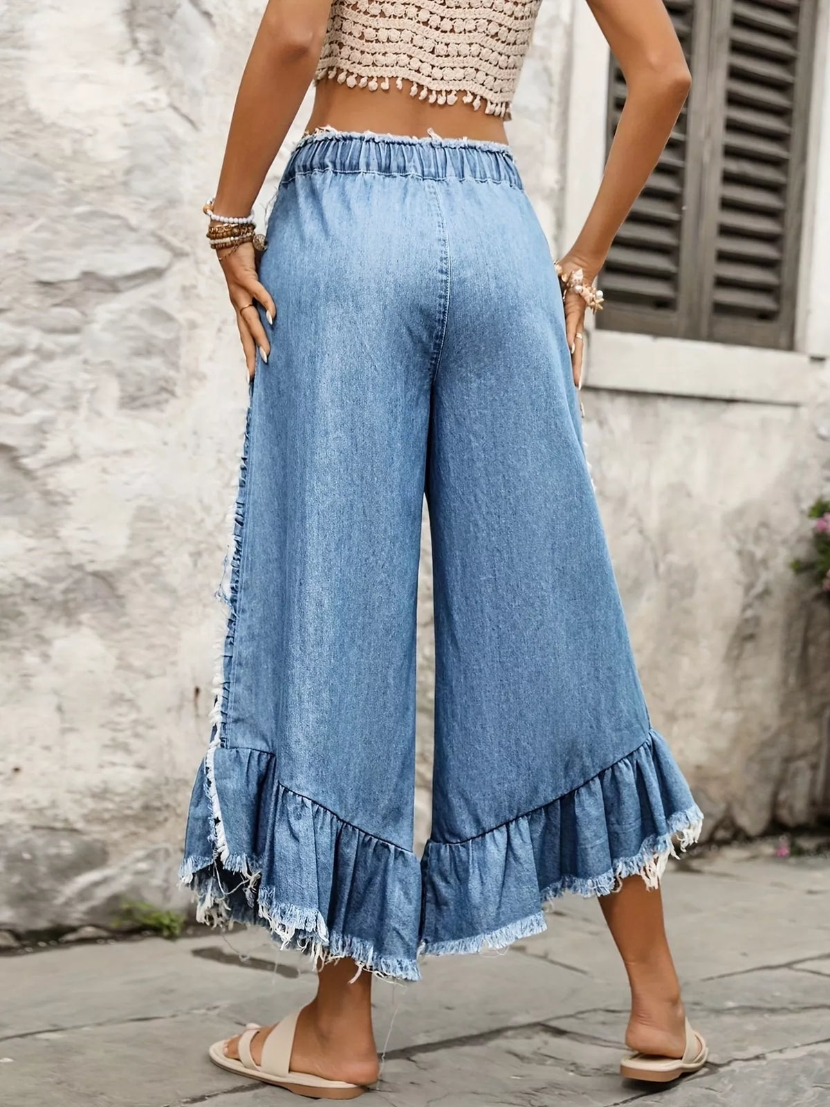 Drawstring Wide-Leg Ruffle Hem Jeans - Lilixa.store