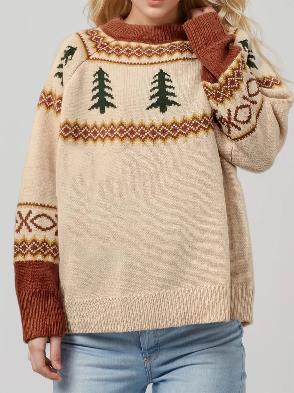 Graphic Round Neck Long Sleeve Sweater - Lilixa.store