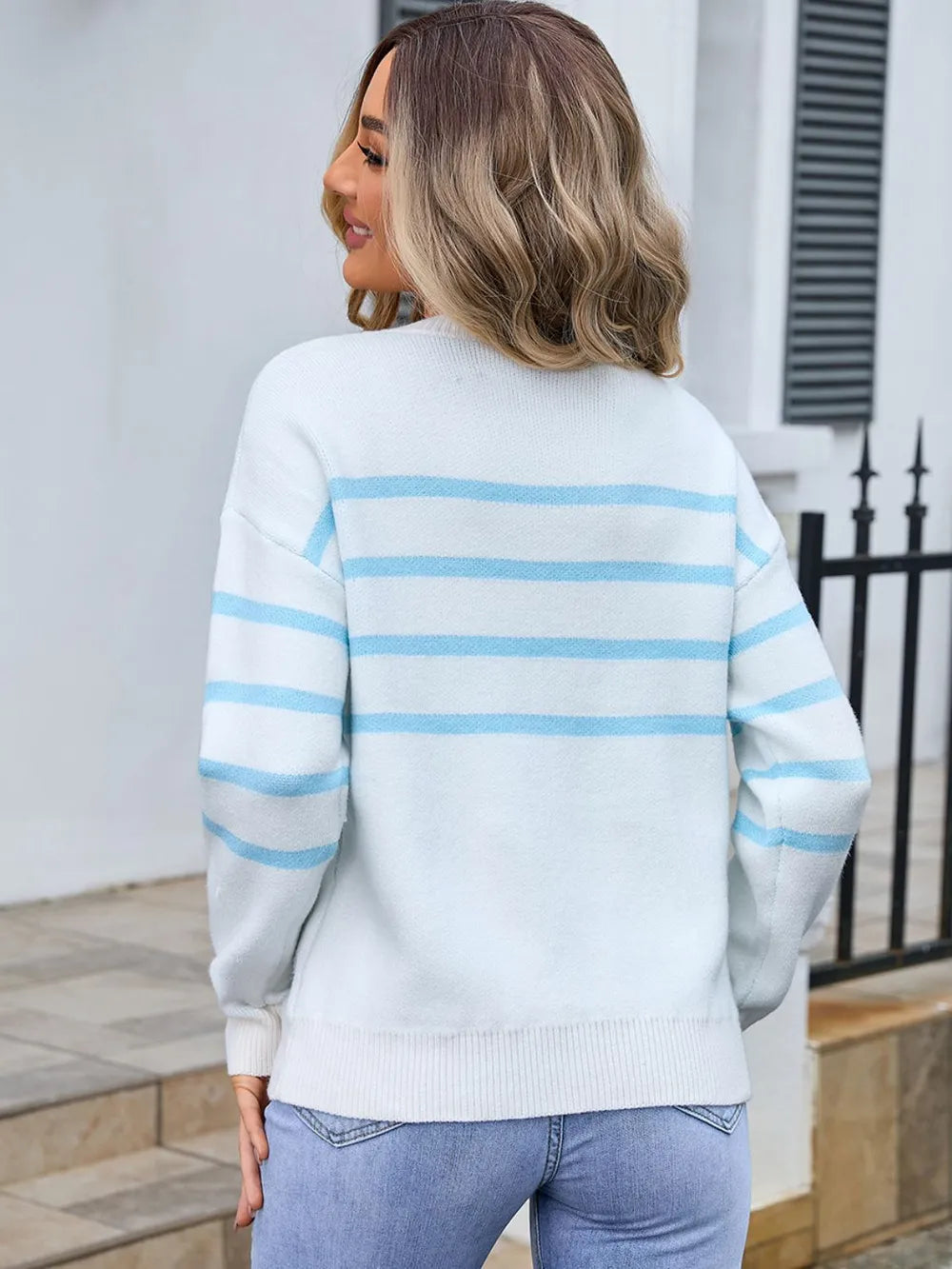 Angel Wings Striped Round Neck Long Sleeve Sweater - Lilixa.store