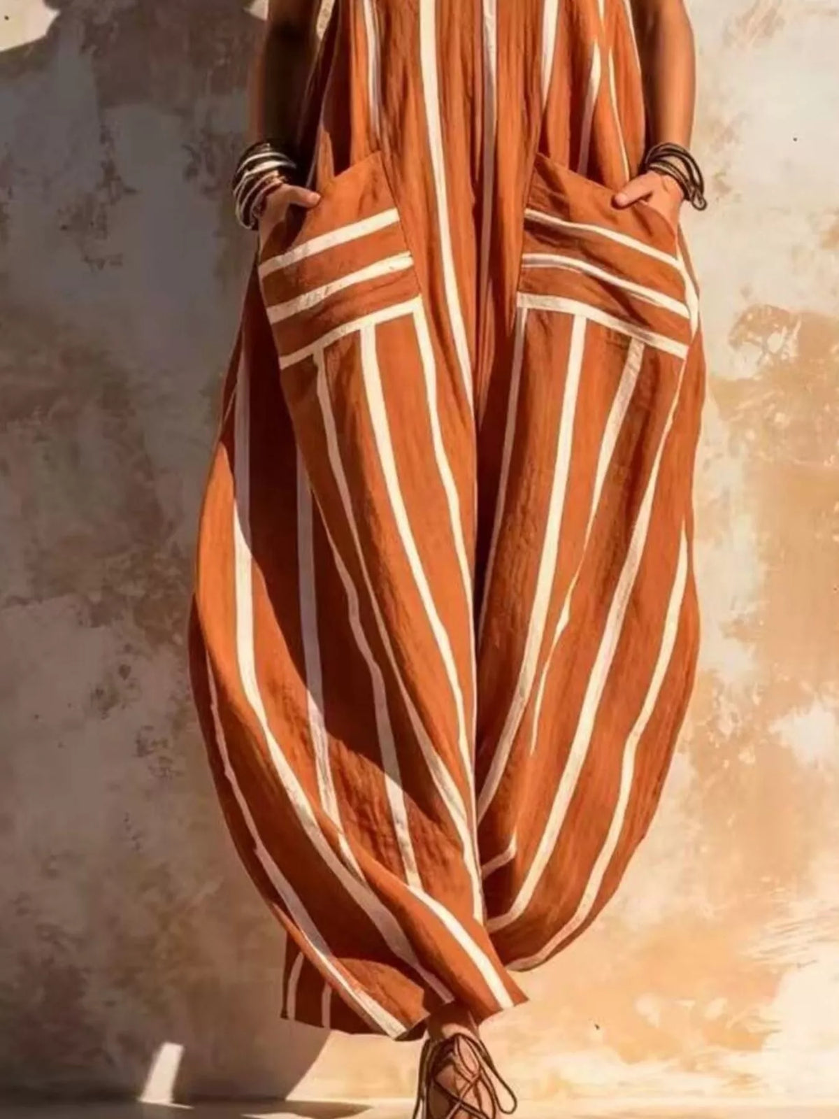 Striped V-Neck Sleeveless Wide-Leg Jumpsuit - Lilixa.store