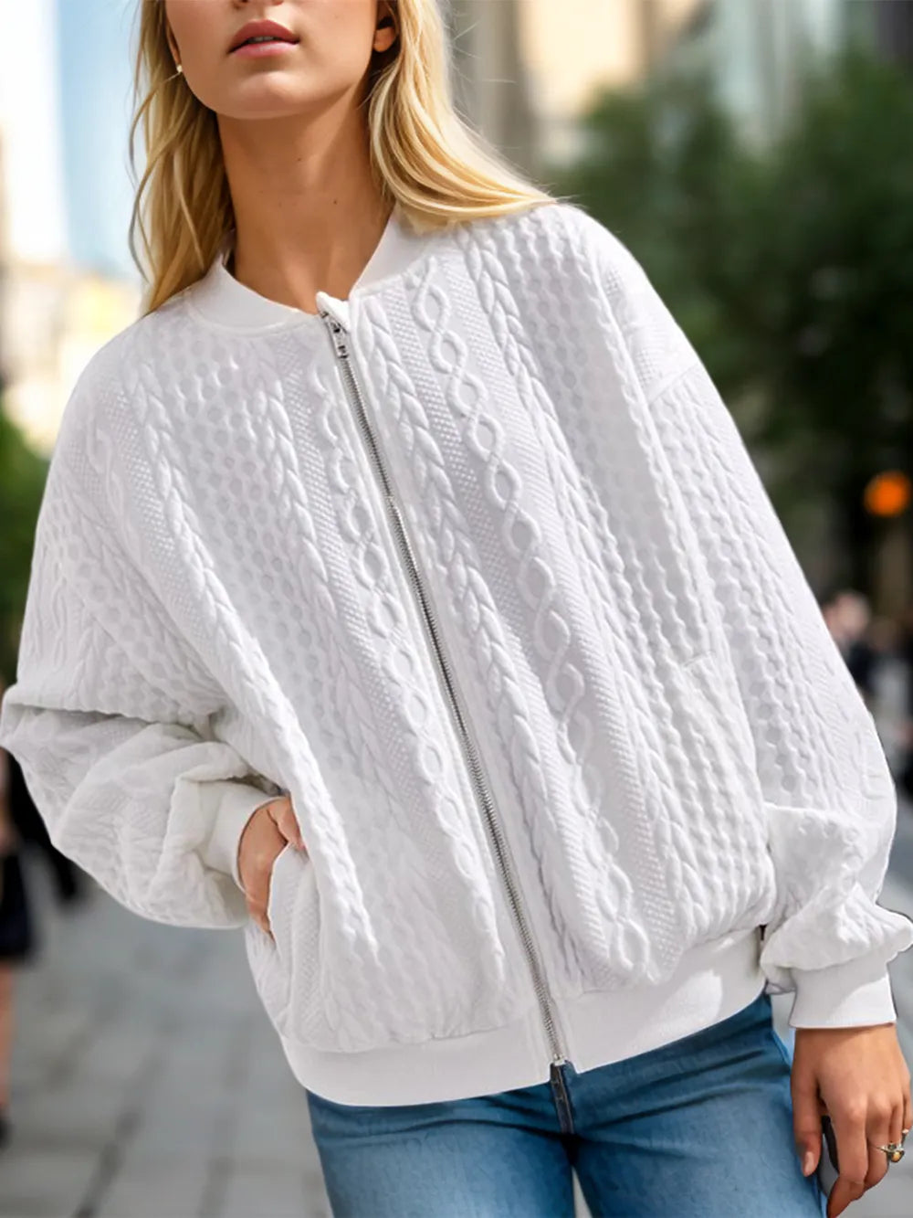 Textured Zip Up Dropped Shoulder Jacket in White, view 3