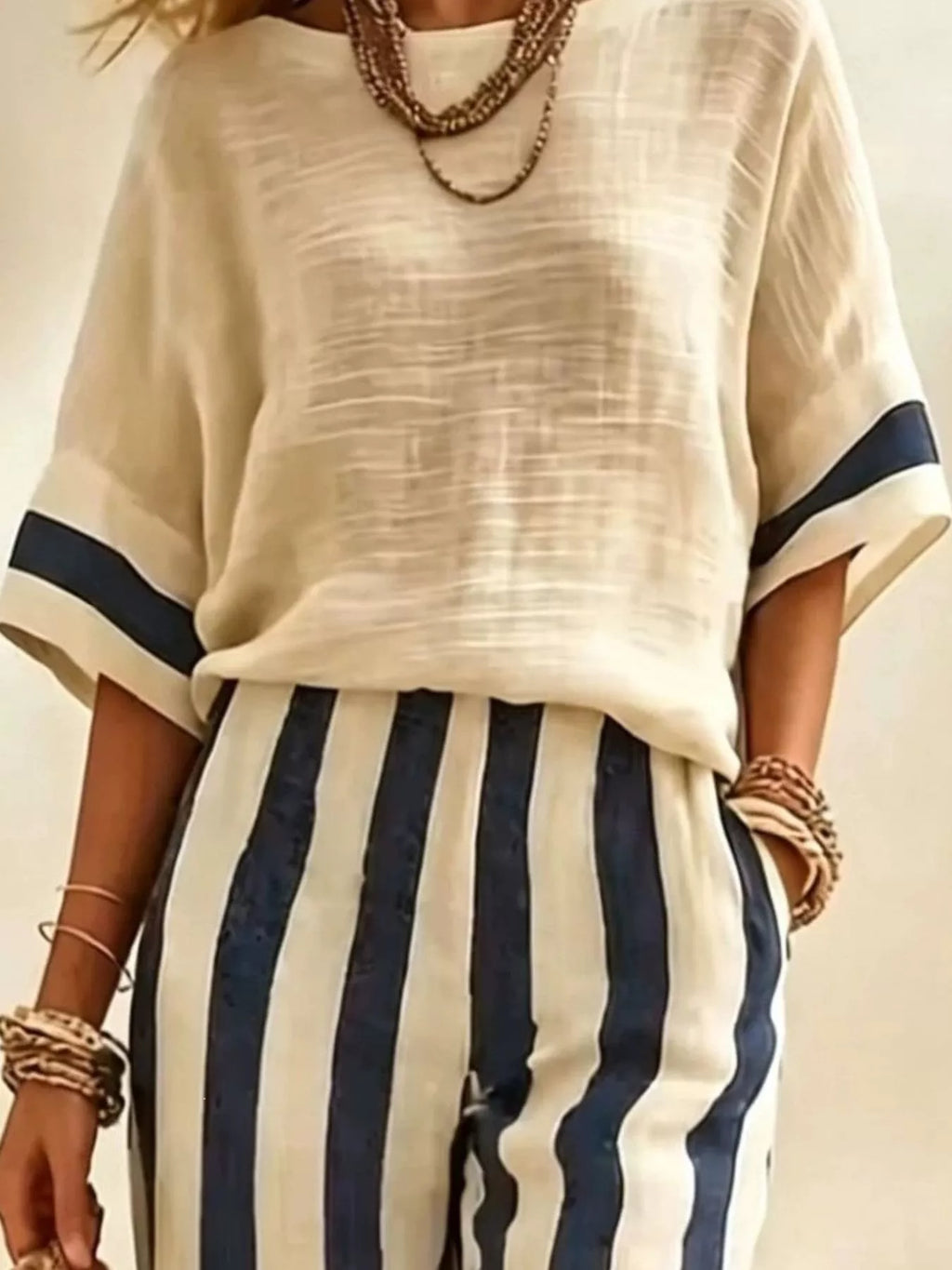 Full Size Striped Half Sleeve Top and Pants Set Plus Size - Lilixa.store
