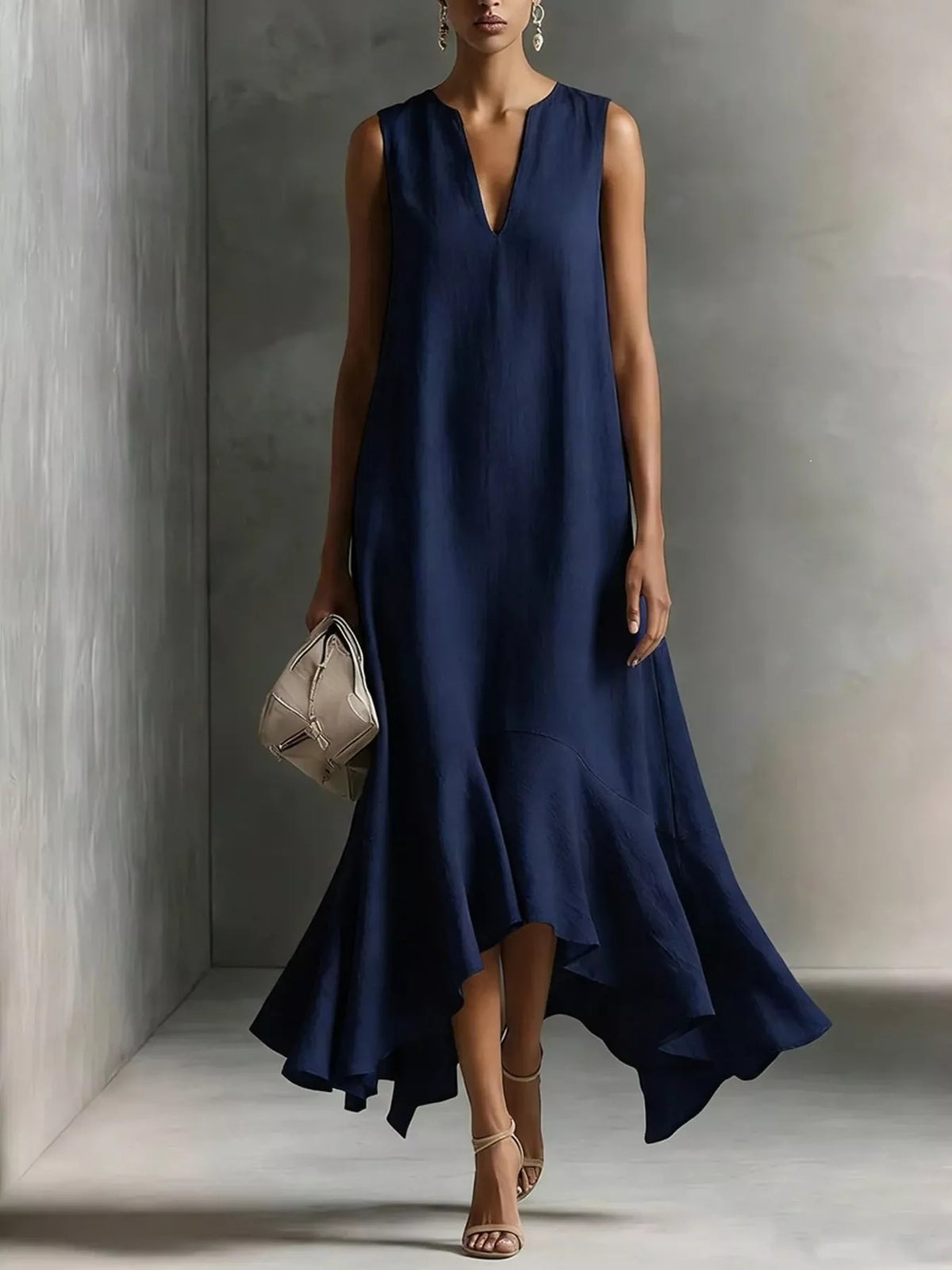 Ruffled Hem Sleeveless Notched Dress