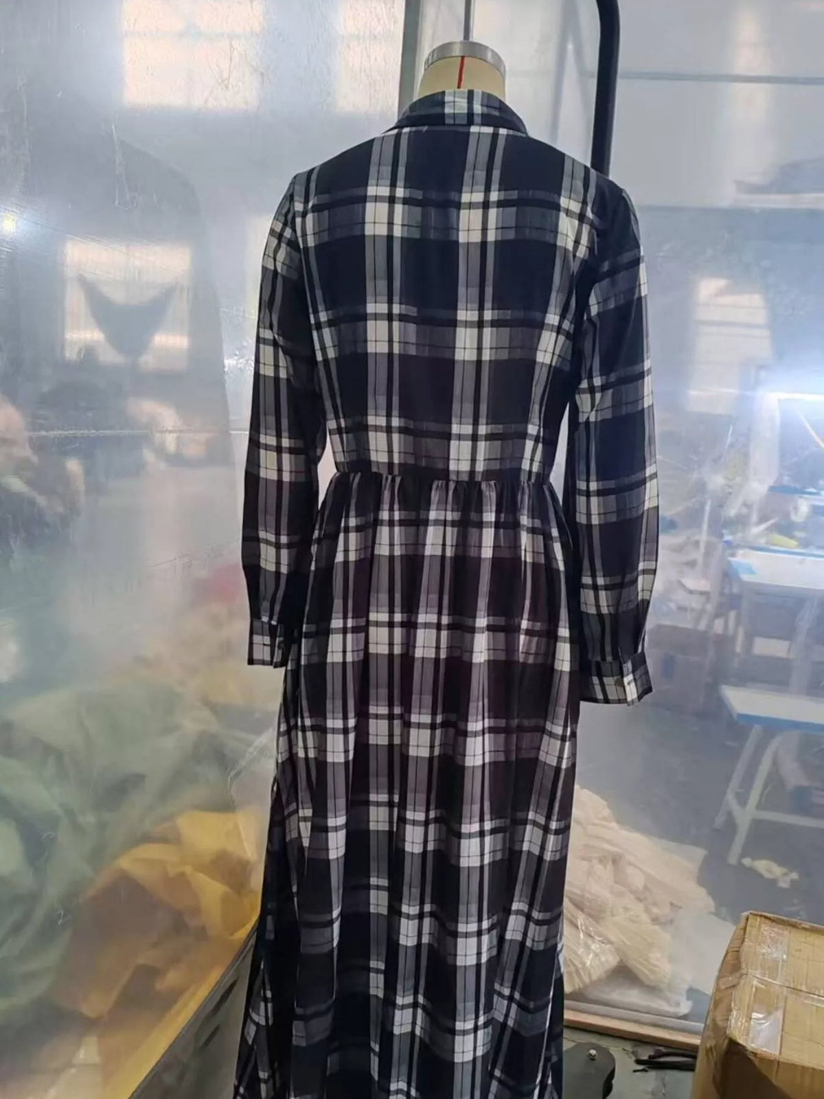 Full Size Plaid Long Sleeve Shirt Maxi Dress Plus Size