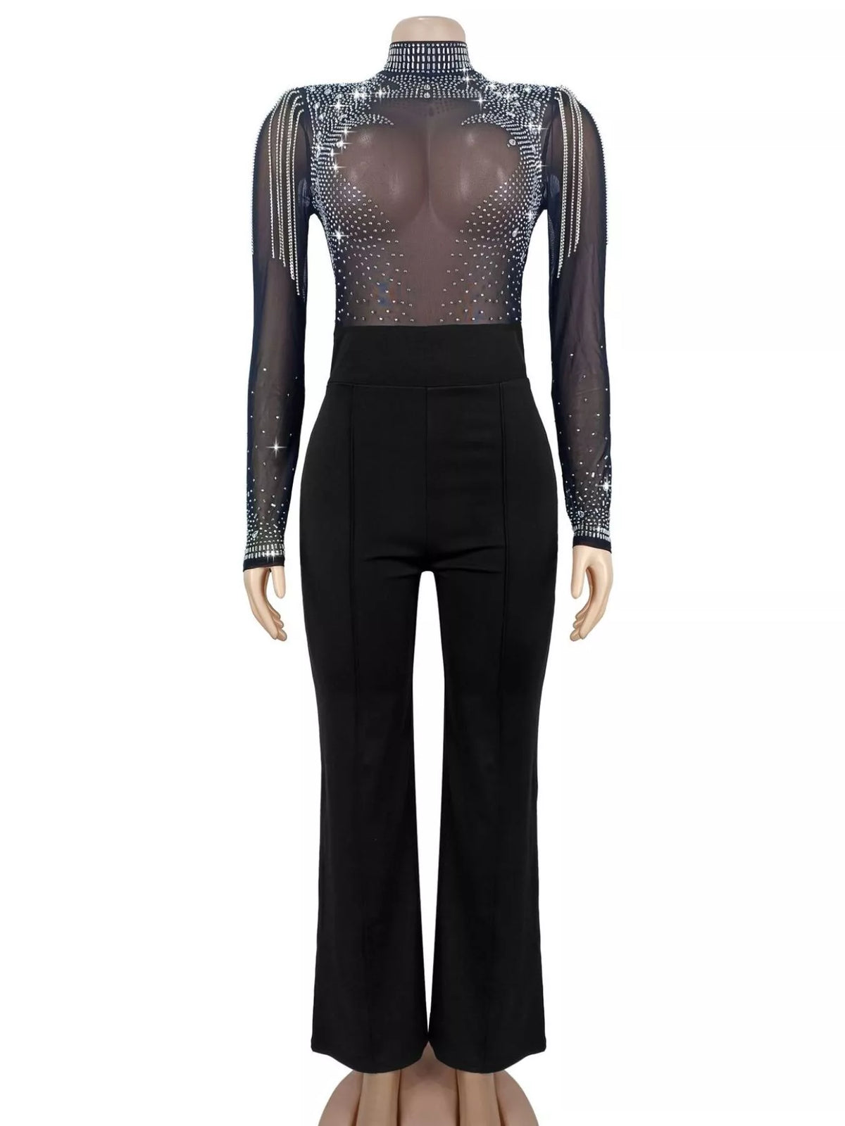 Rhinestone Embellished Mesh Long Sleeve Jumpsuit in Black, view 6