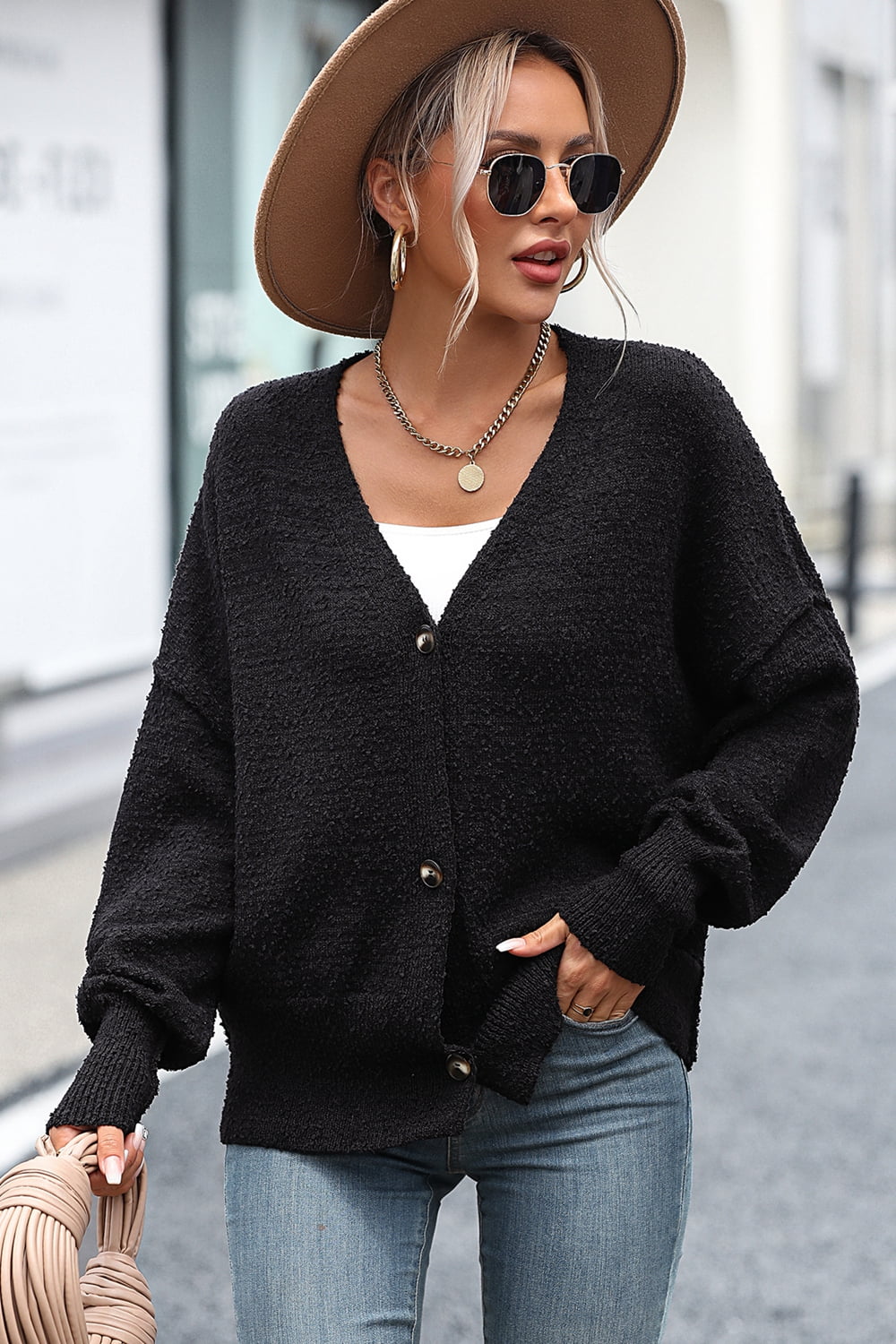 Button-Up Dropped Shoulder Cardigan - Lilixa.store
