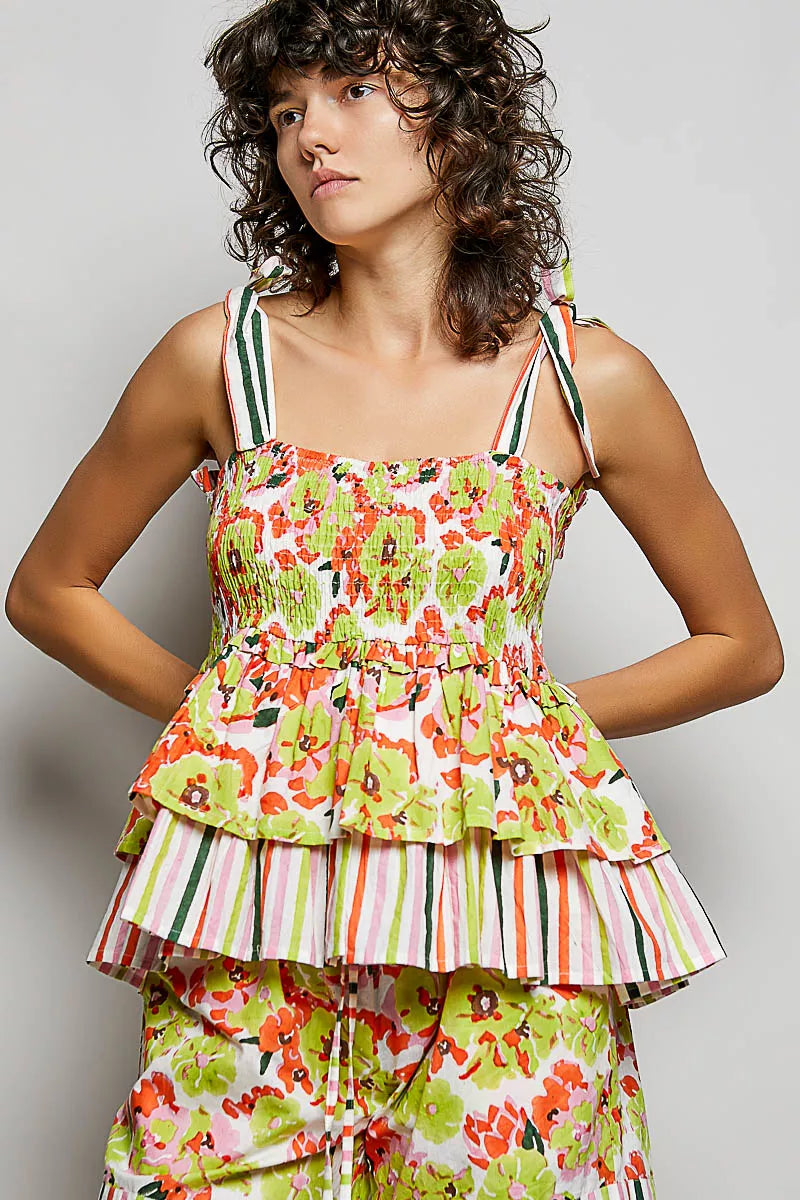 POL Floral Smocked Ruffled Cami with Tie Shoulder Straps - Lilixa.store