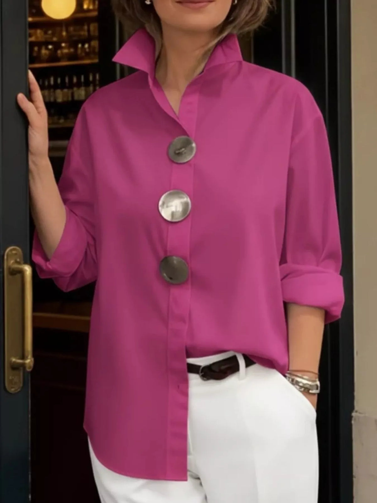 Full Size Oversized Metal Button Long Sleeve Shirt Plus Size - Lilixa.store