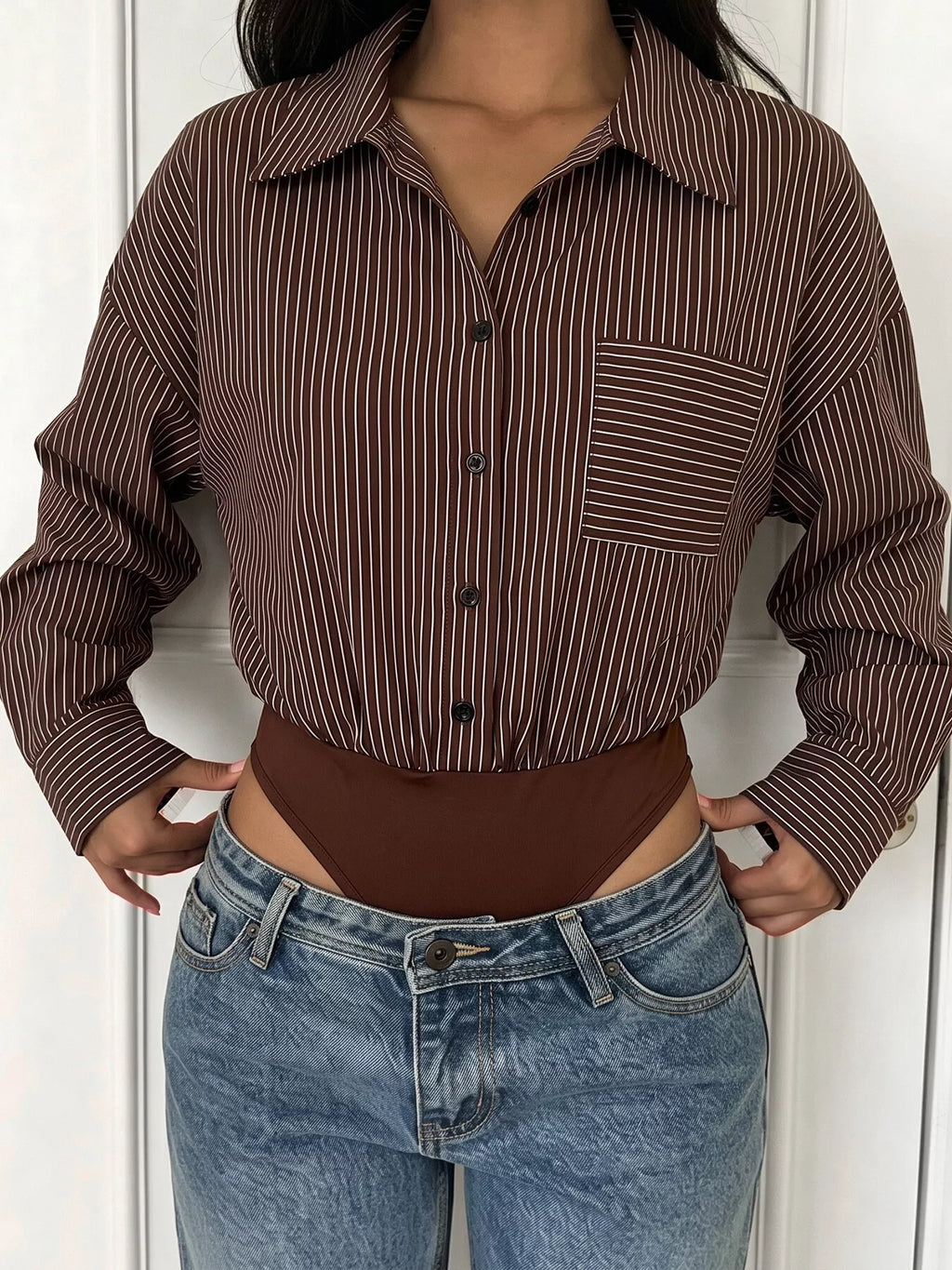 Striped Button-Up Bodysuit - Lilixa.store