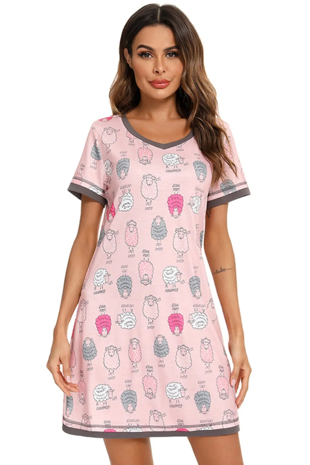 Contrast Trim Short Sleeve Lounge Dress in Dusty Pink
