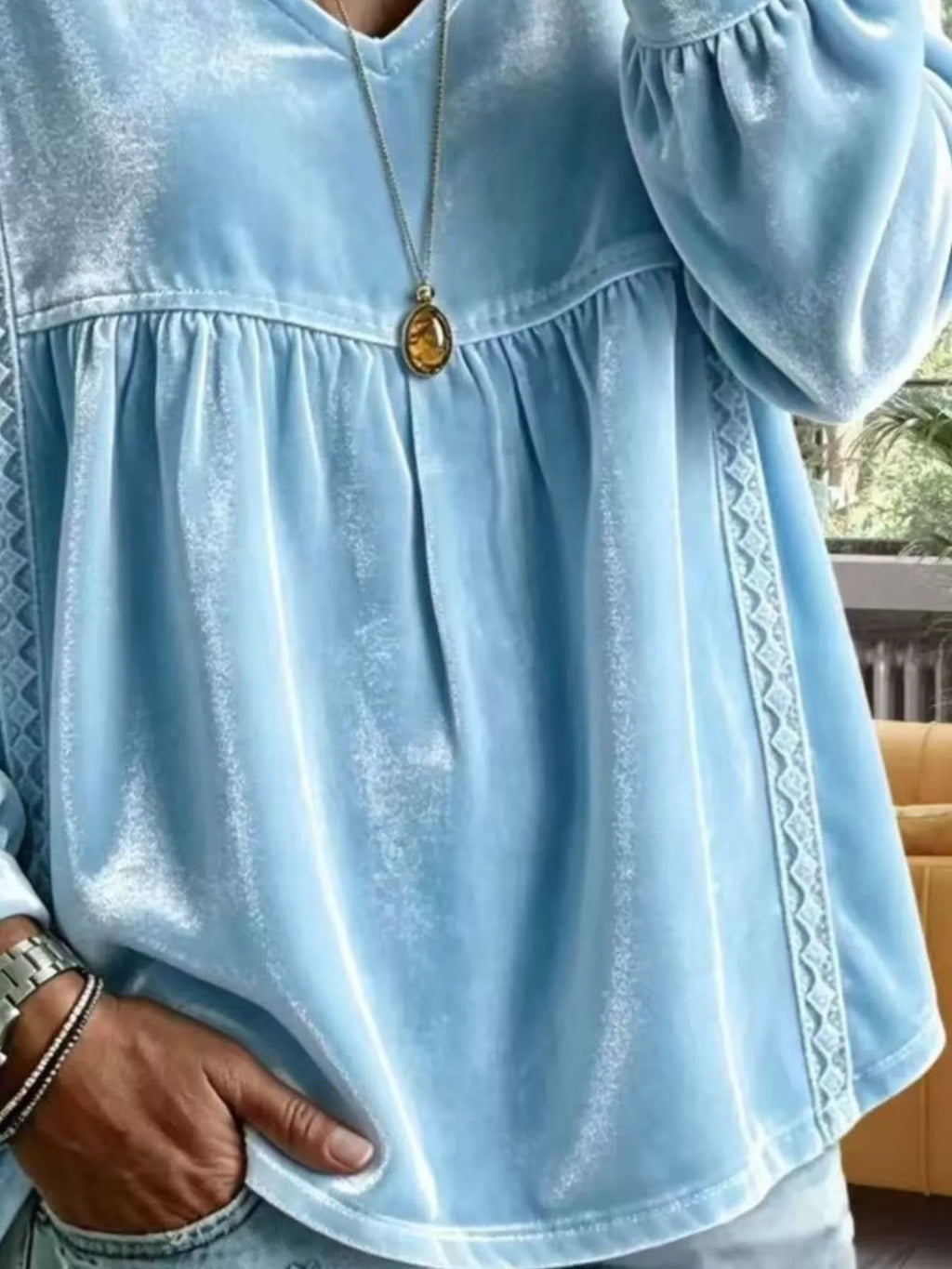 Full Size Velvet Lace Detail V-Neck Blouse Plus Size - Lilixa.store