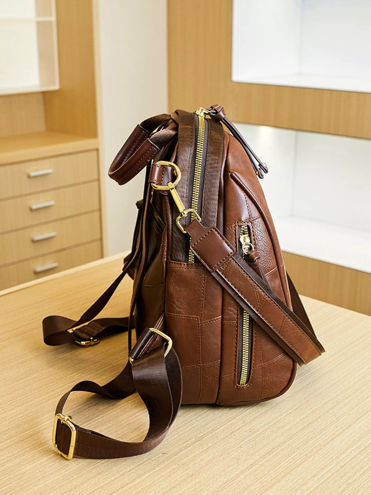 Patchwork Leather Convertible Backpack Bag in Brown, view 6
