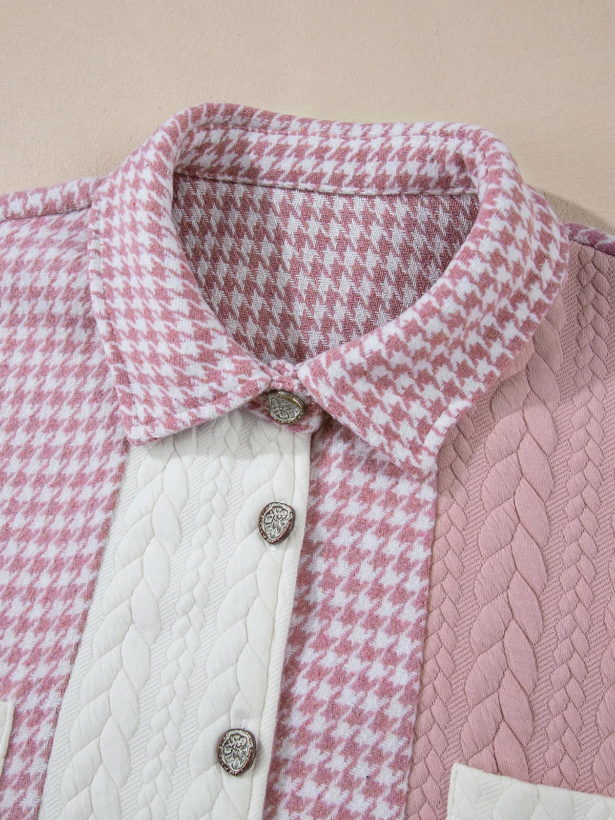 Button Down Houndstooth Color Block Shacket, view 13