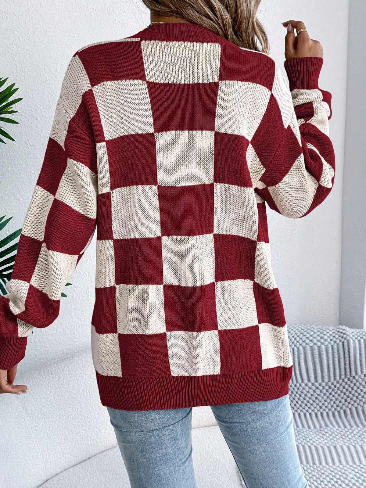 Checkerboard Pattern Open Front Knit Cardigan - Lilixa.store