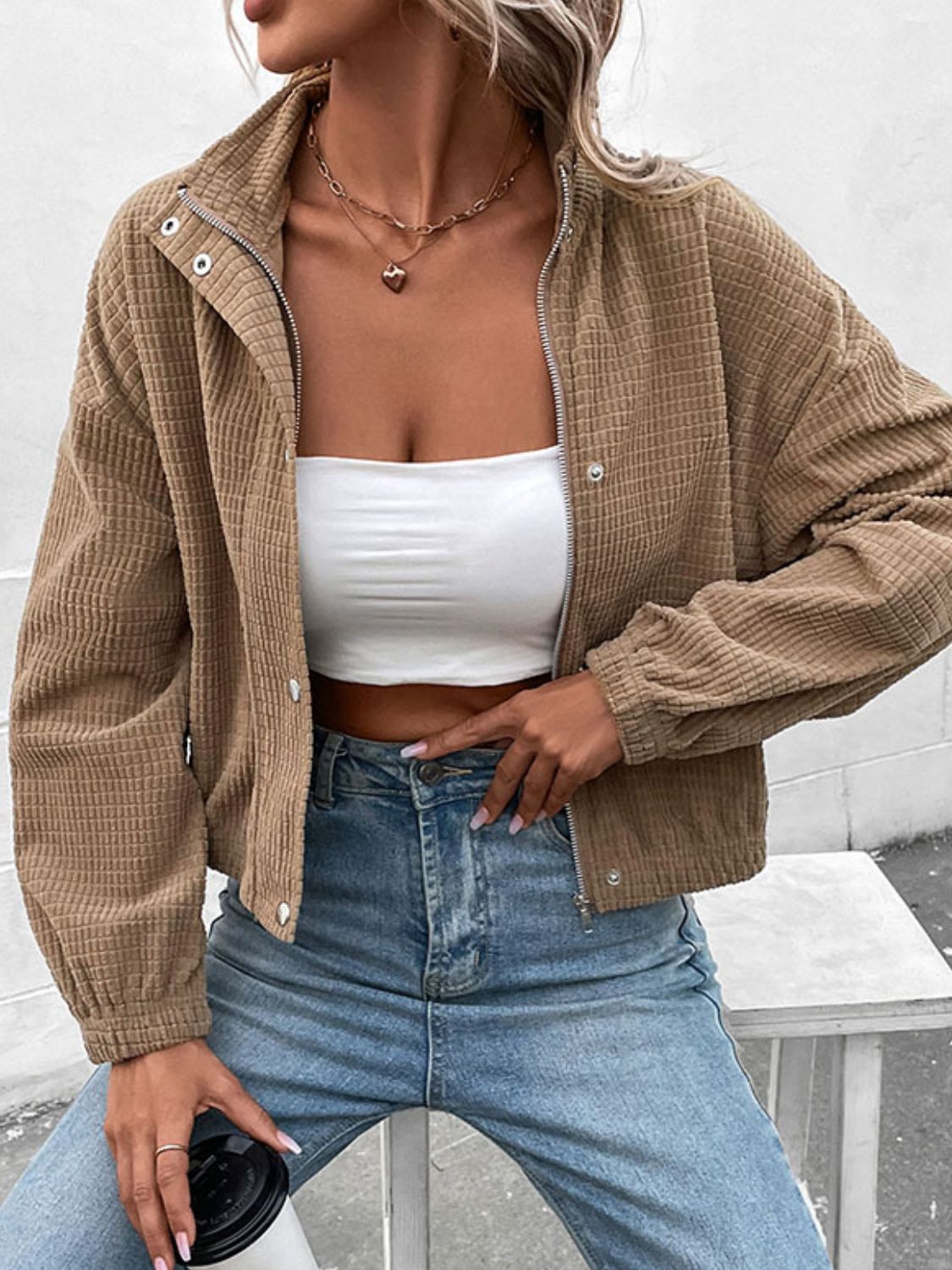Perfee Long Sleeve Dropped Shoulder Jacket in Khaki, view 3